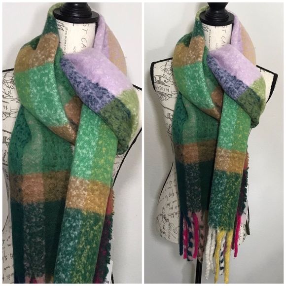 Cozy & Soft Plaid Brushed Scarf in Olive Green Multicolored - Picture 7 of 8